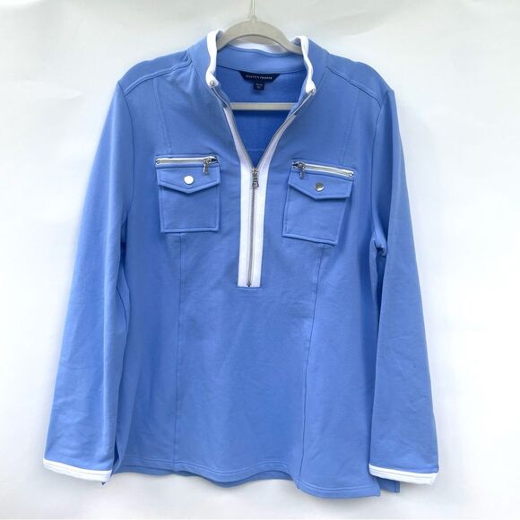 Boston Proper Light Blue Half Zip Top XL Pockets White Trim Cotton Blend Knit - Picture 1 of 10